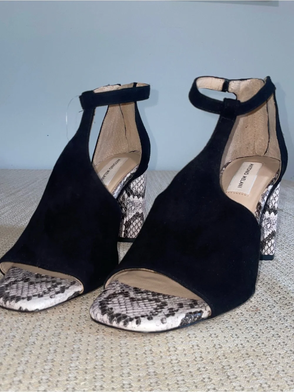 ANTONIO MELANI Black Suede Open-Toe Heels with Snake-Print Block Heel